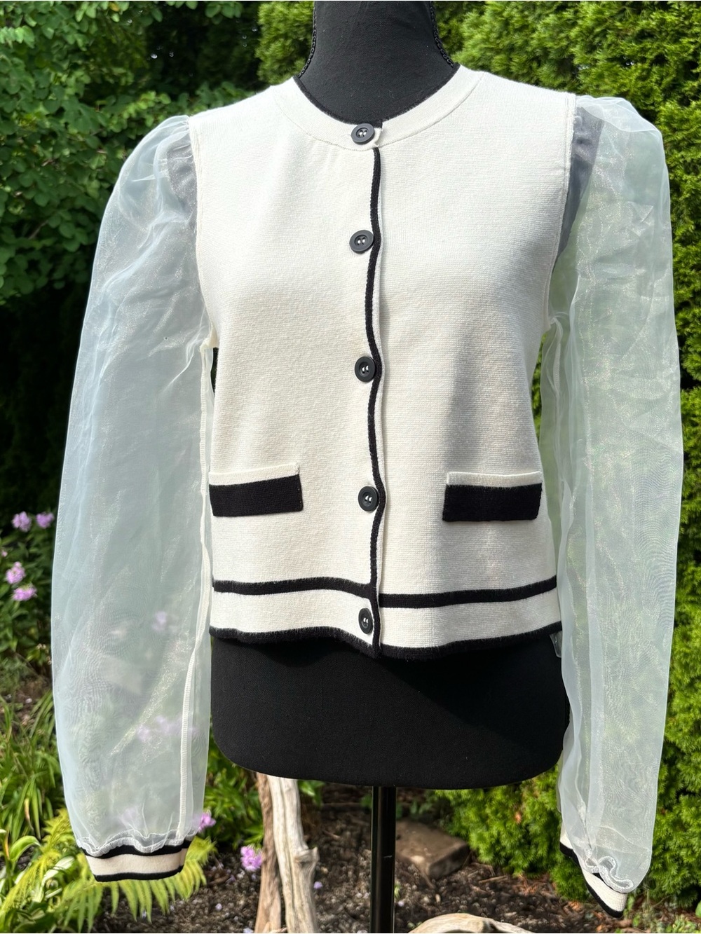 Maeve Ivory Cardigan Jacket with Black Contrast Trim and Sheer Sleeves